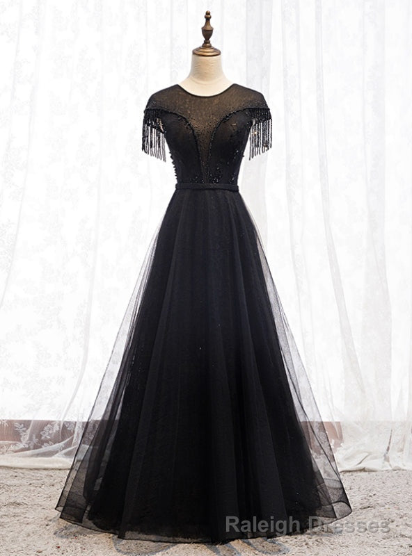 Hot Sale Black Tulle Lace Cap Sleeve Beading Prom Dress Main image
