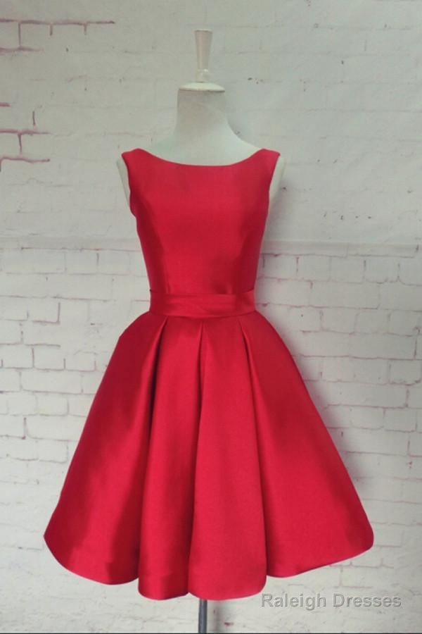 Hot-Selling Bateau Satin Knee-Length Red Homecoming Dresses With Bowknot Main image