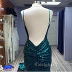 Hot Sequin Emerald Green Prom Dresses Backless Long Evening Dress