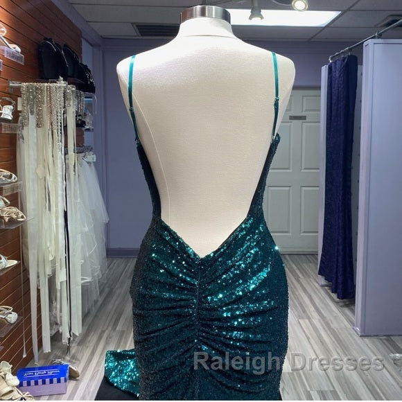 Hot Sequin Emerald Green Prom Dresses Backless Long Evening Dress