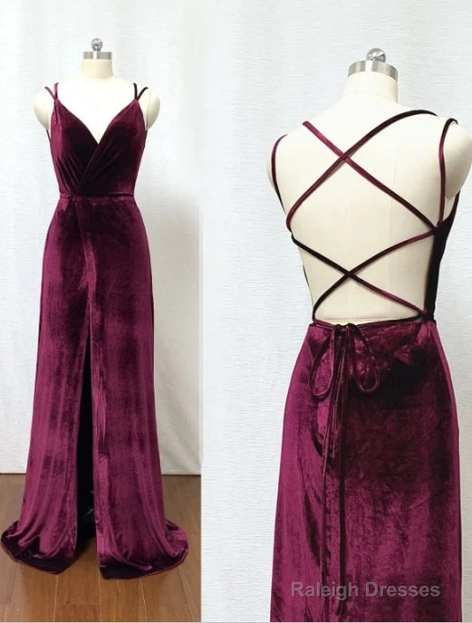 Hot Sheath Velvet Prom Dresses Burgundy Wedding Guest Dress With Split Main image