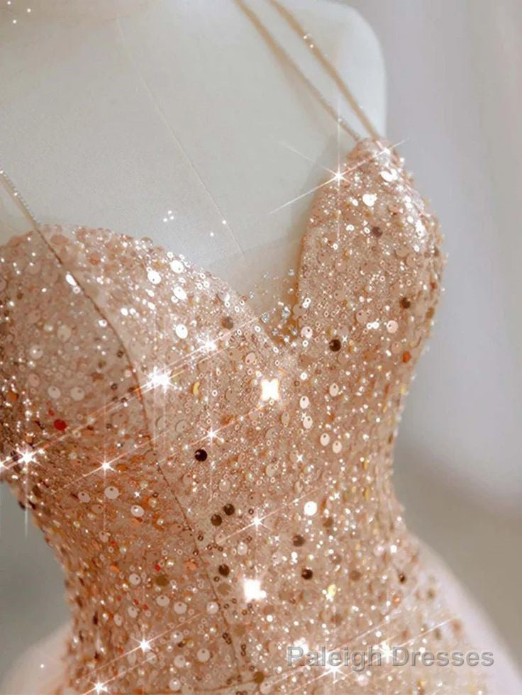 Hot Shiny A line Spaghetti Straps Sleeveless Sequin Tulle Long Prom Dresses