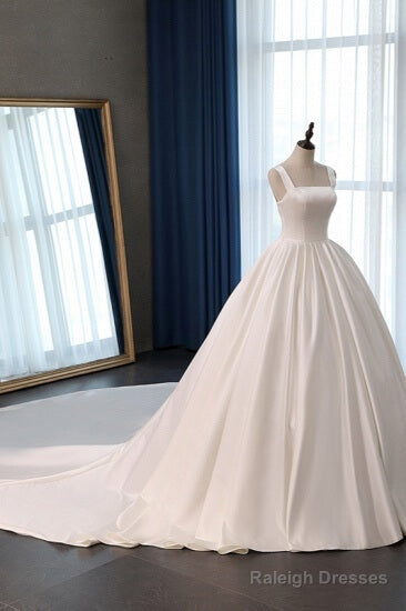 Hot Square Neck Satin Wedding Dress Ball Gowns Sleeveless Bridal Dresses Cheap
