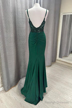 Hot V Neck Dark Green Prom Dresses Mermaid Straps Appliques