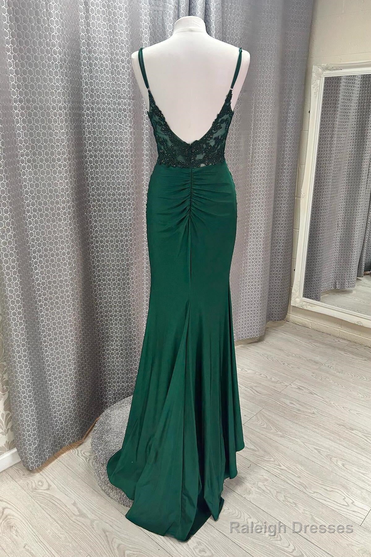 Hot V Neck Dark Green Prom Dresses Mermaid Straps Appliques