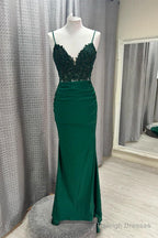 Hot V Neck Dark Green Prom Dresses Mermaid Straps Appliques