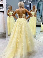 Hot Yellow Tulle Lace Prom Dresses Long Prom Dresses