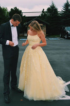 Hot Yellow Tulle Lace Prom Dresses Long Prom Dresses