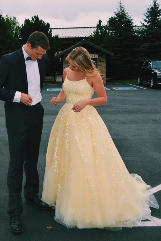 Hot Yellow Tulle Lace Prom Dresses Long Prom Dresses