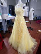Hot Yellow Tulle Lace Prom Dresses Long Prom Dresses