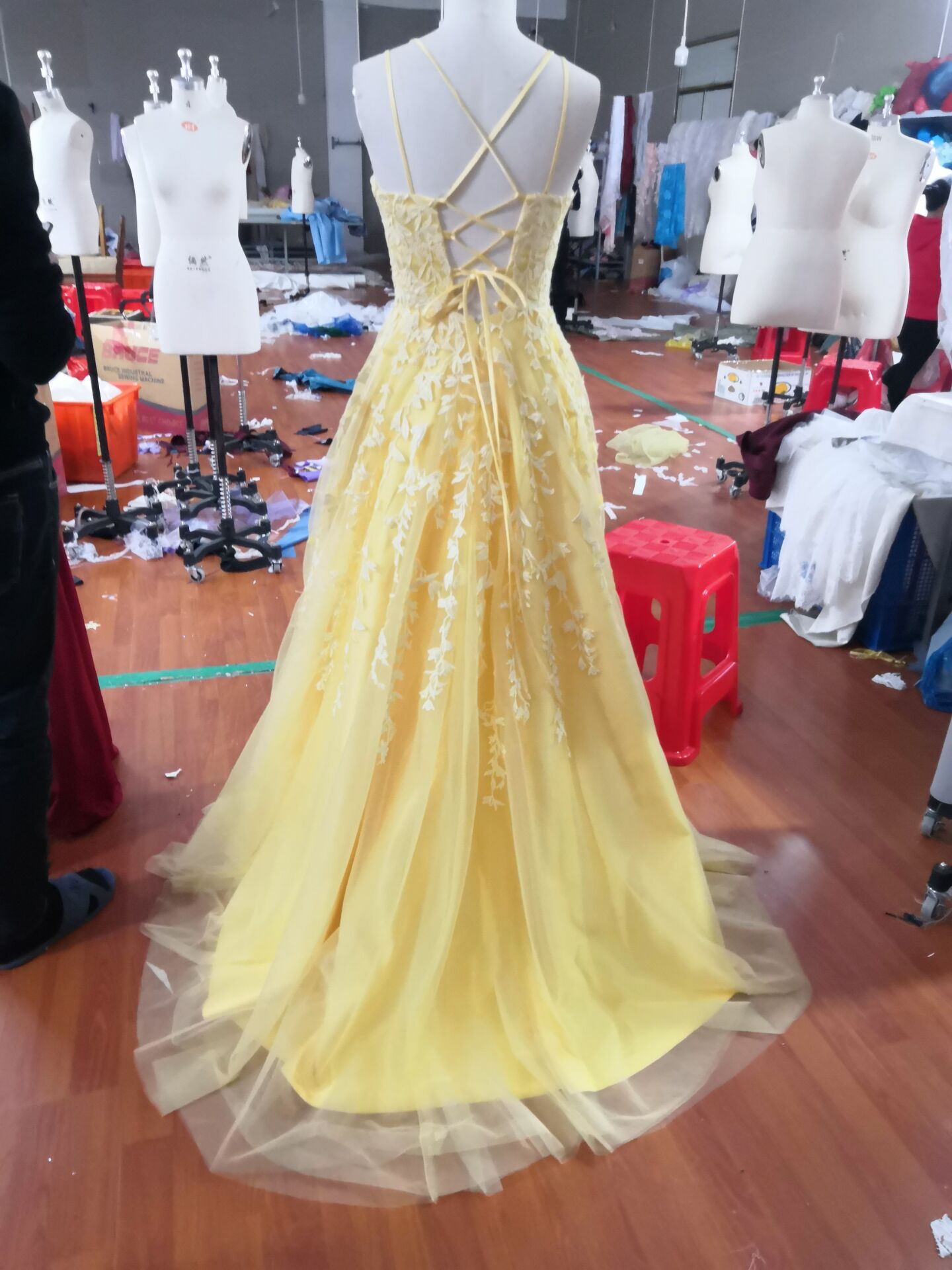 Hot Yellow Tulle Lace Prom Dresses Long Prom Dresses