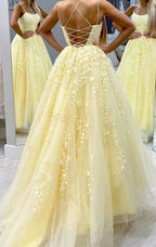 Hot Yellow Tulle Lace Prom Dresses Long Prom Dresses