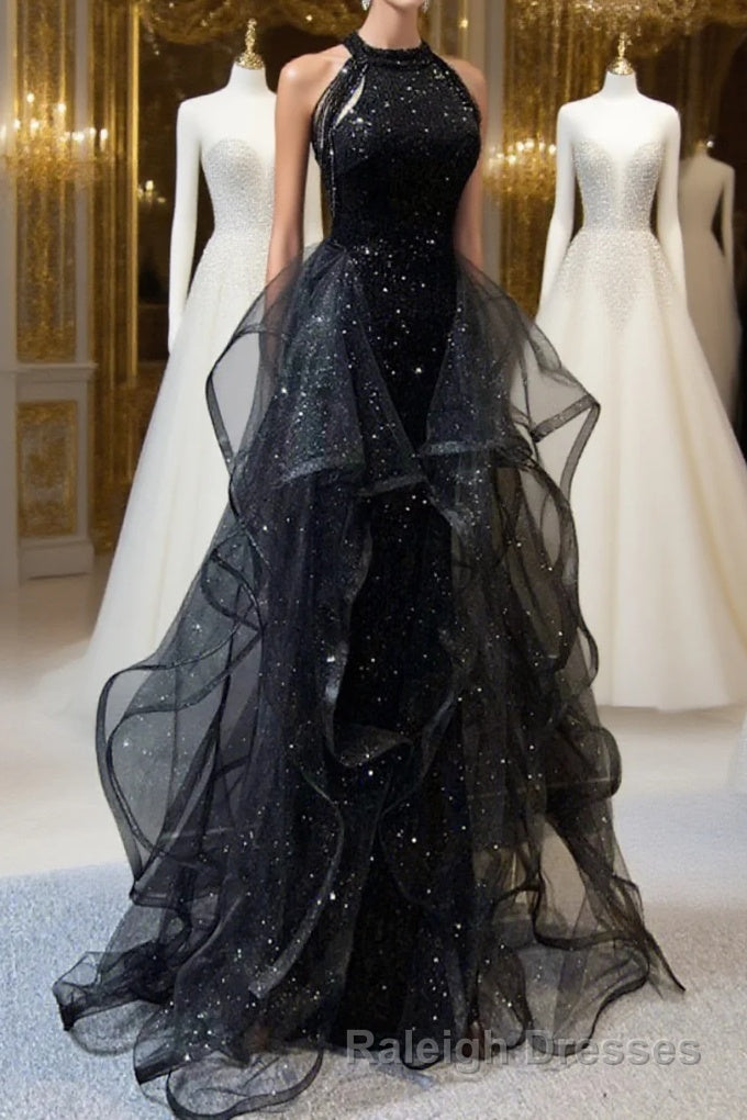 A-Line Prom Dresses Vintage Dress Wedding Guest Wedding Party Sweep / Brush Train Sleeveless Halter Neck Wednesday Addams Family Sequined with Crystals Sequin Ruffles Masquerade Dress Main image