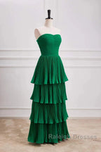 Hunter Green A-Line Chiffon Strapless Layers Long Prom Dress Formal Evening Dress