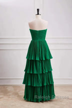 Hunter Green A-Line Chiffon Strapless Layers Long Prom Dress Formal Evening Dress