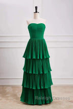 Hunter Green A-Line Chiffon Strapless Layers Long Prom Dress Formal Evening Dress
