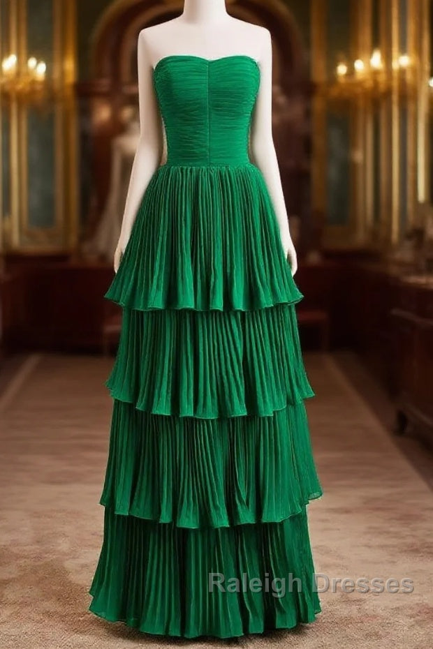 Hunter Green A-Line Chiffon Strapless Layers Long Prom Dress Formal Evening Dress Main image