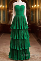 Hunter Green A-Line Chiffon Strapless Layers Long Prom Dress Formal Evening Dress