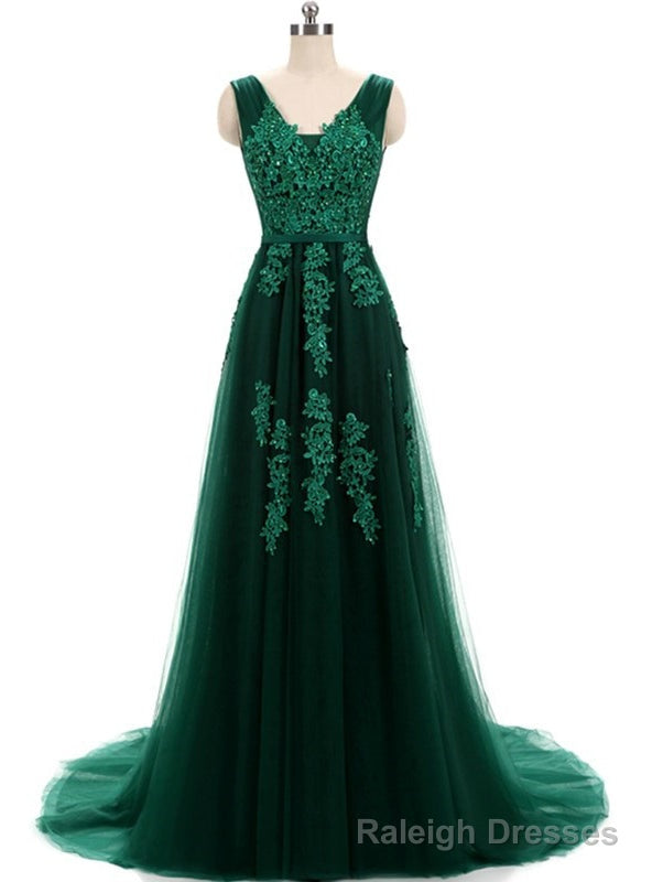 Hunter Green Lace Applique Tulle V Neck And Lace Up Prom Dress Main image