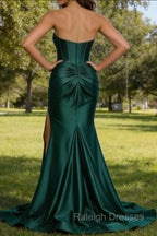 Hunter Green Mermaid Sweetheart Corset Prom Dresses Long with Slit