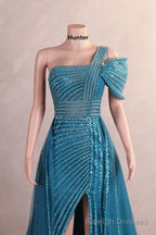 Hunter Green Off Shoulder Mermaid Prom Dresses Luxurious Silver Bead Trumpet Formal Dresses