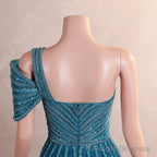 Hunter Green Off Shoulder Mermaid Prom Dresses Luxurious Silver Bead Trumpet Formal Dresses