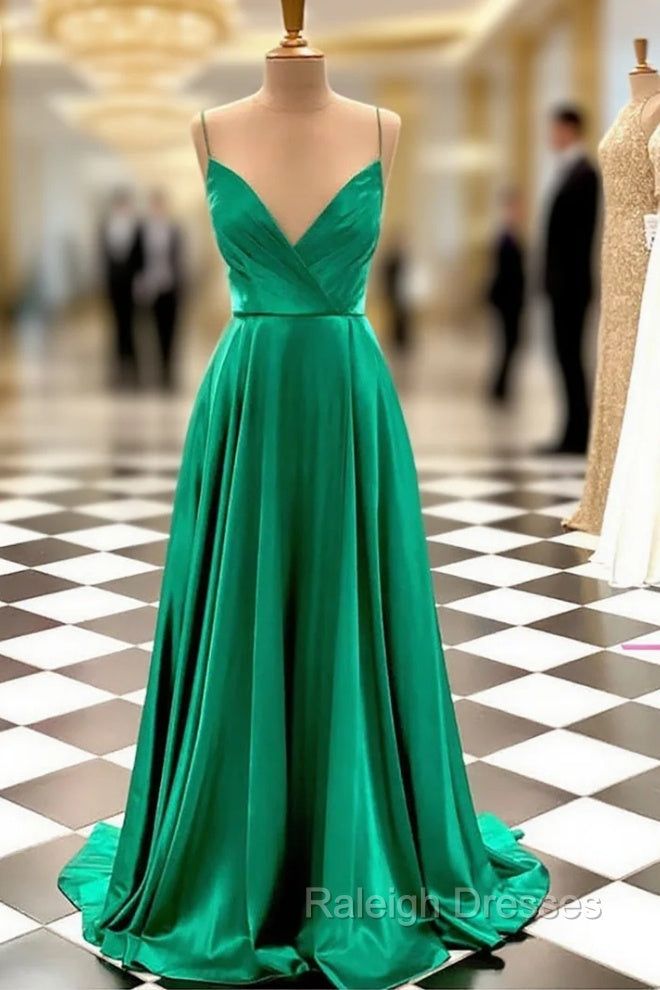 Hunter Green Prom Dresses, A-line V Neck Spaghetti Straps Sweep Train Charmeuse Prom Dress With Pleated Main image
