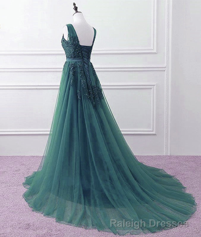 Hunter Green Tulle V Neckline Long Prom Dress, Dark Green A Line Prom Dress Secondary image