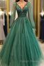 Hunter Green V-Neckline Tulle With Lace Applique Party Dress, Green Evening Dress