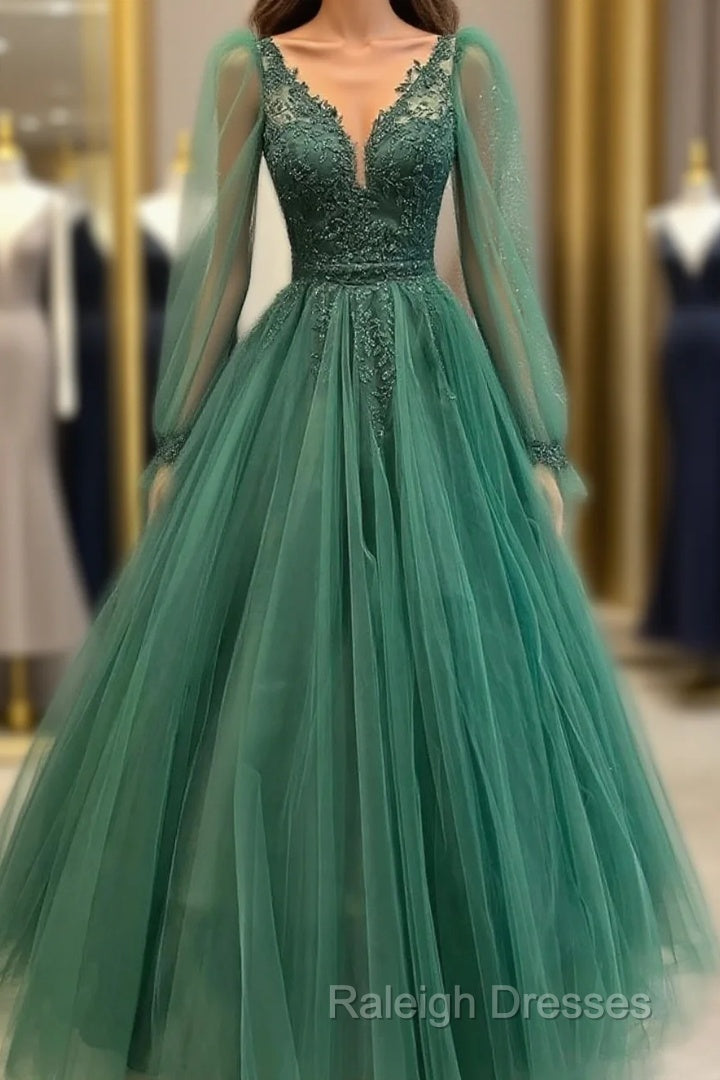 Hunter Green V-Neckline Tulle With Lace Applique Prom Dresses Green Prom Dresses Main image