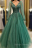 Hunter Green V-Neckline Tulle With Lace Applique Prom Dresses Green Prom Dresses