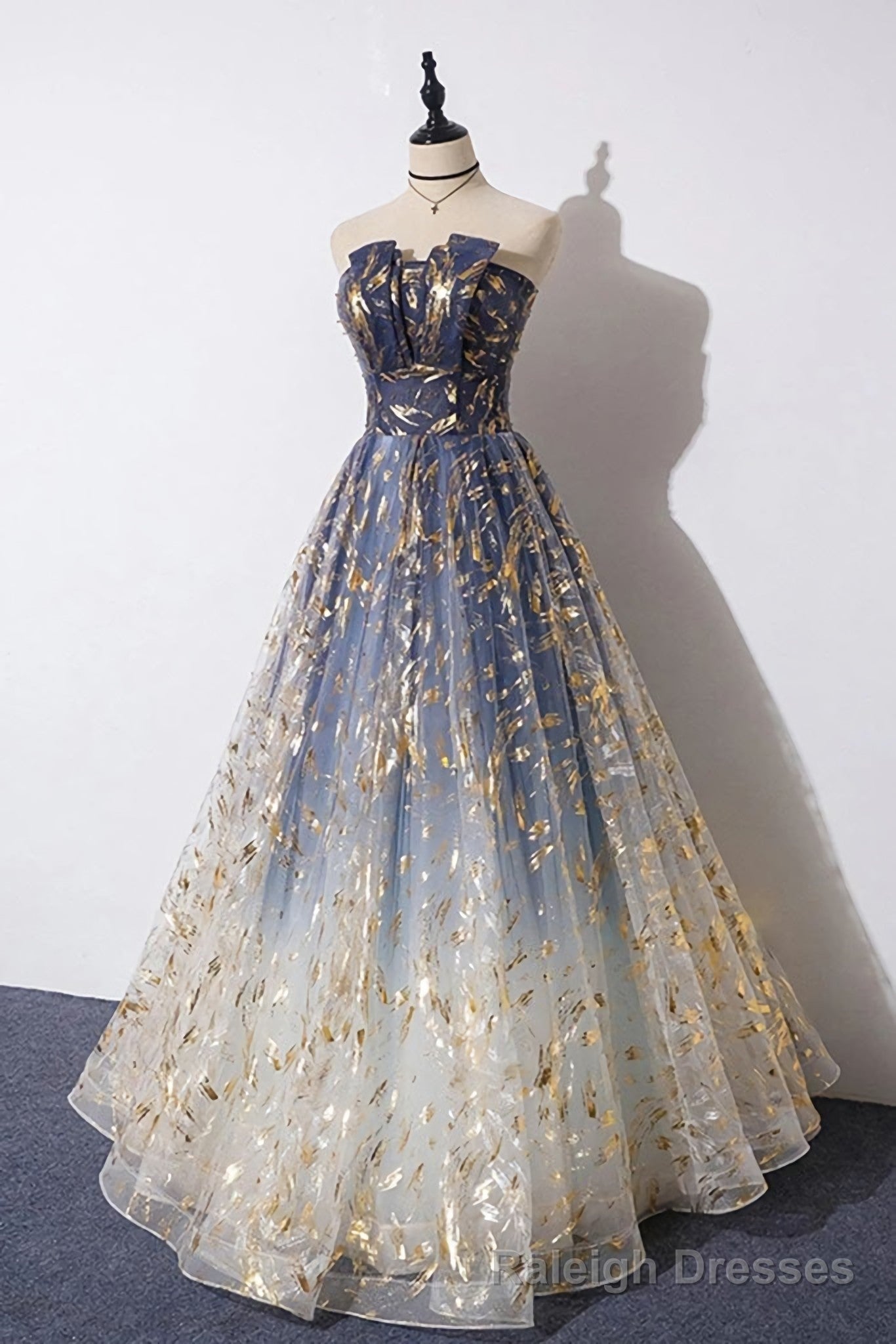 Charming Blue Floral Print Tulle Strapless Long A Line Prom Dresses, Dance Dresses Secondary image