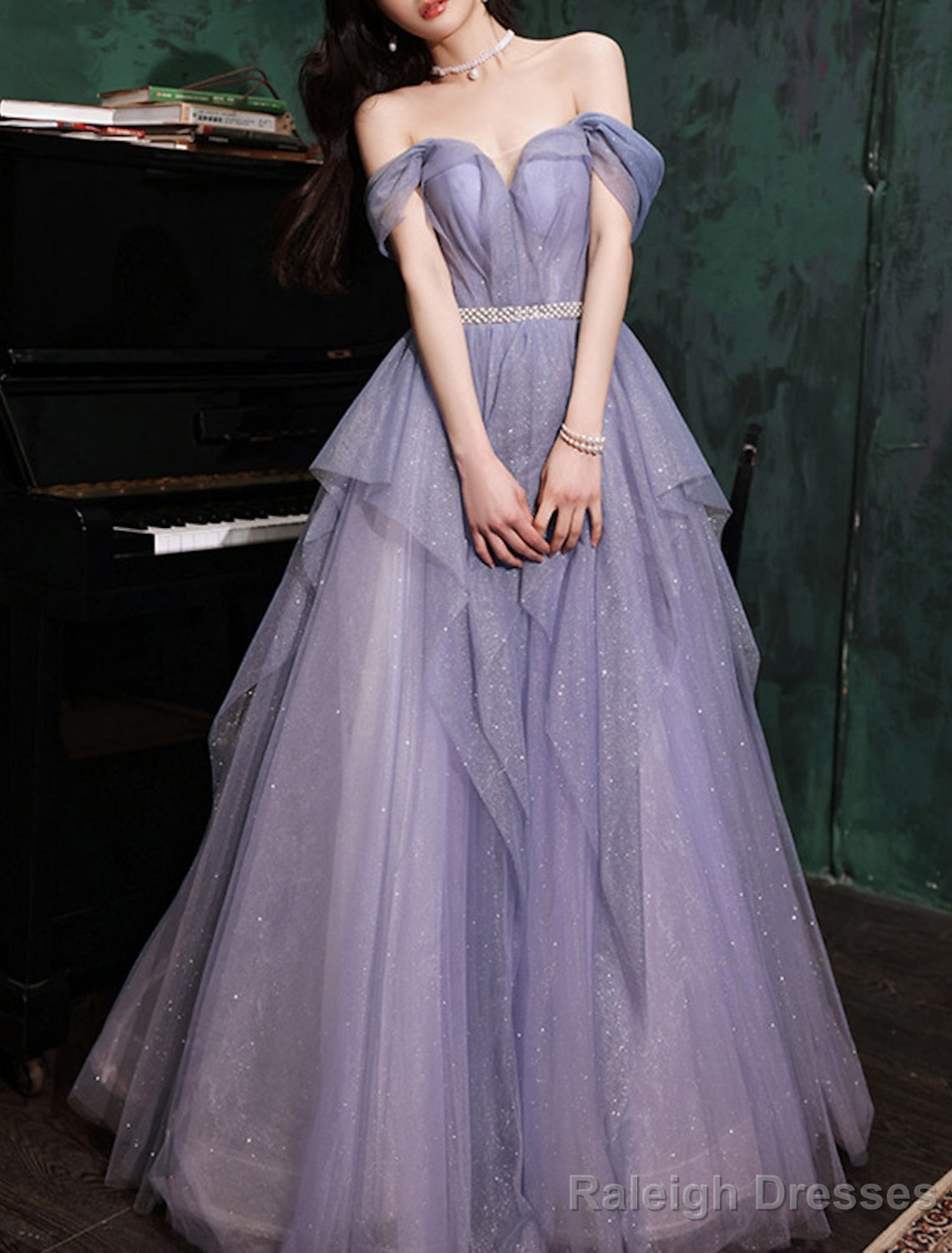 A Line Prom Dress Sparkle & Shine Dress Wedding Guest Birthday Floor Length Sleeveless Off Shoulder Tulle with Sequin Dress Secondary image