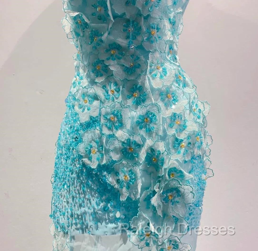 Ice Blue Ombre Mermaid Strapless Chiffon Long Wedding Dress With Appliques And Beading Formal Prom Dress