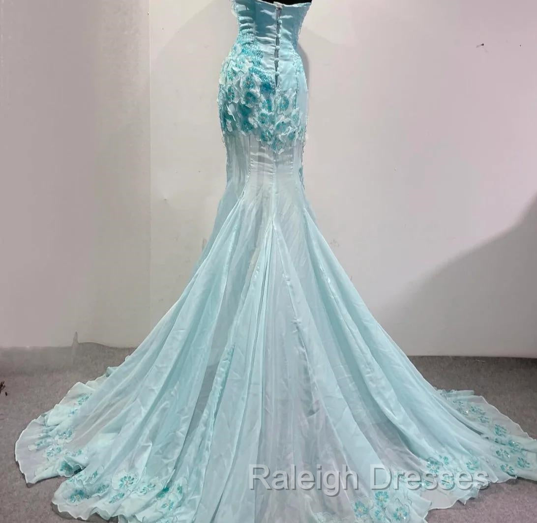 Ice Blue Ombre Mermaid Strapless Chiffon Long Wedding Dress With Appliques And Beading Formal Prom Dress