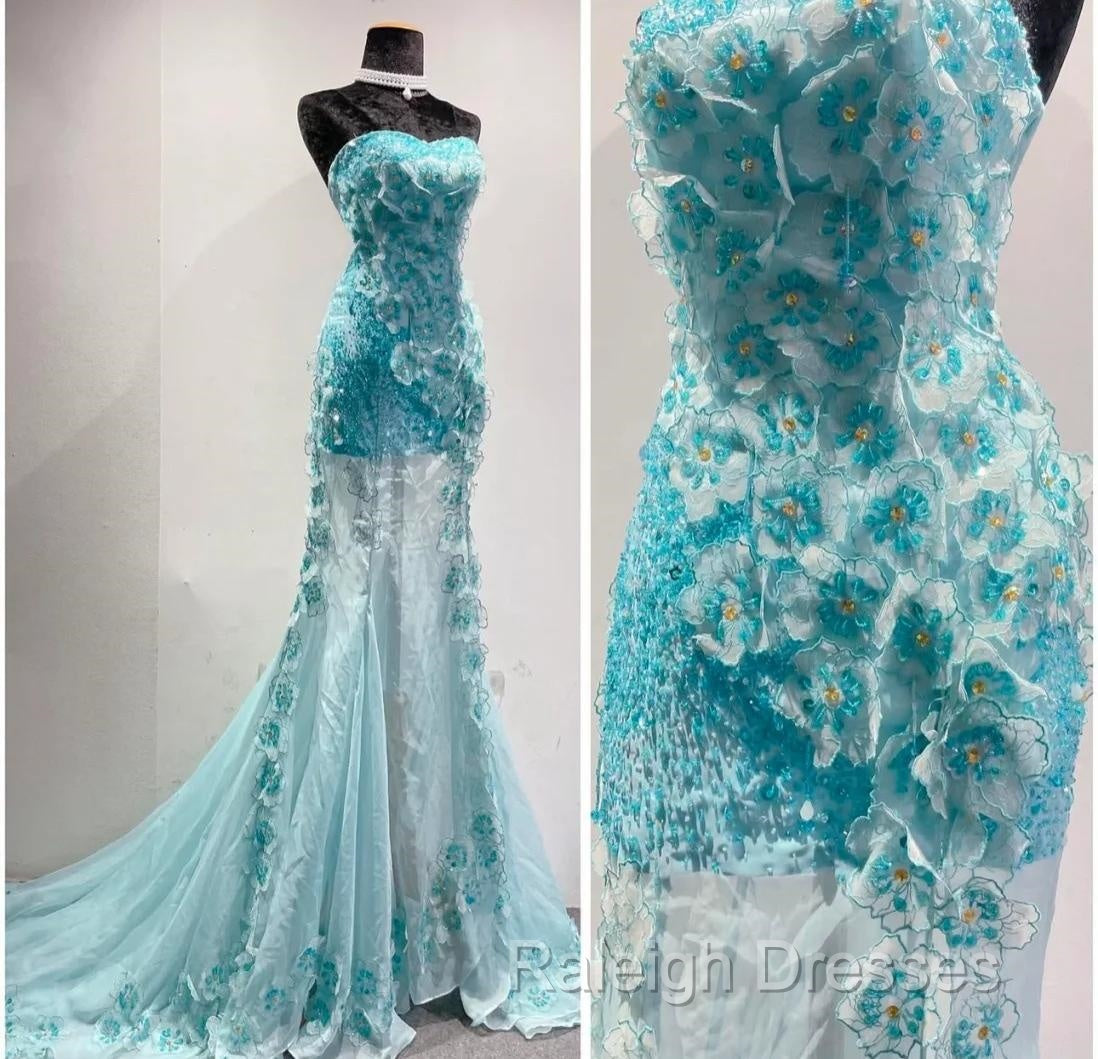Ice Blue Ombre Mermaid Strapless Chiffon Long Wedding Dress With Appliques And Beading Formal Prom Dress