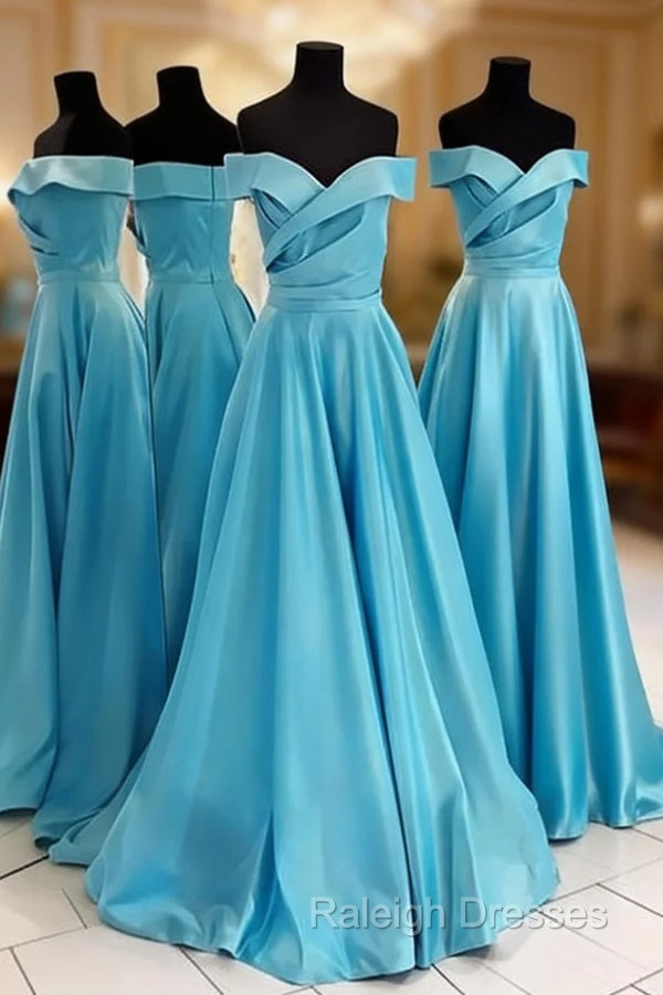 Ice Blue Prom Dresses, A-line/Princess Off-the-Shoulder Sleeveless Sweep Train Satin Prom Dress