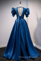 Blue V Neck Satin Short Sleeves Prom Dresses Long Blue Satin Prom Dresses