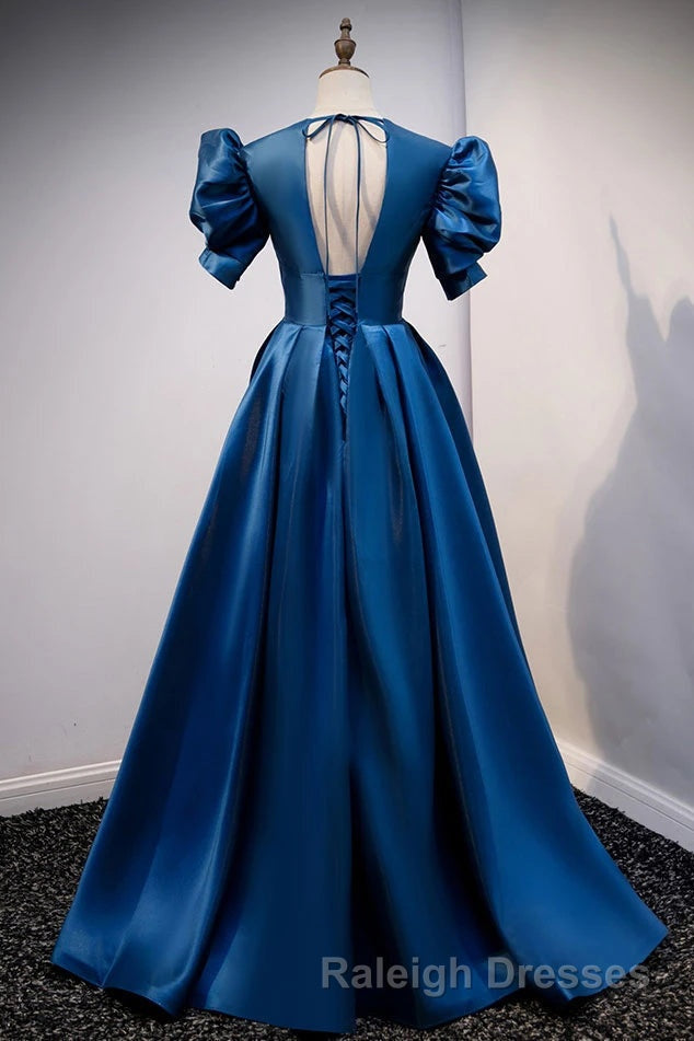 Blue V Neck Satin Short Sleeves Prom Dresses Long Blue Satin Prom Dresses