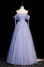 A Line Blue Sweetheart Neck Tulle Long Prom Dress, Blue Formal Prom Dresses