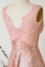 Illusion Lace V-Neck Gose Gold Sequined Bridesmaid Dress