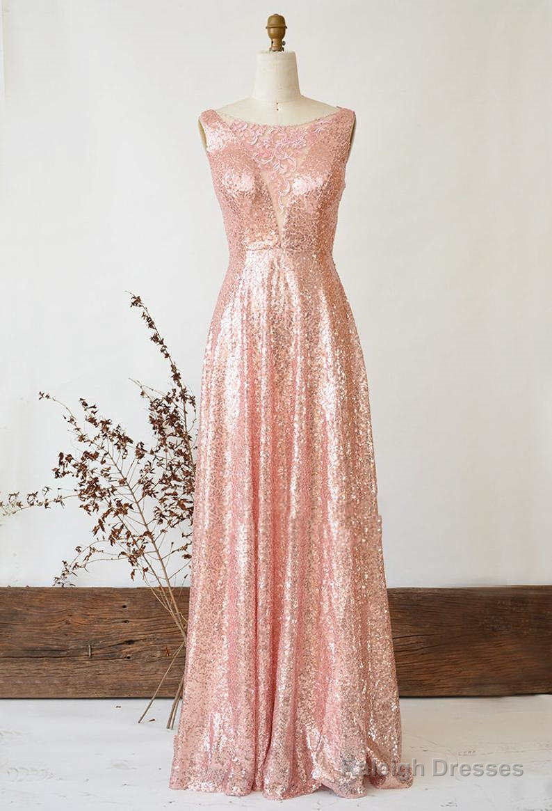 Illusion Lace V-Neck Gose Gold Sequined Bridesmaid Dresses Main image