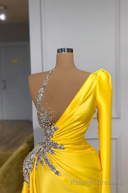 Illusion neck Bright Yellow One shoulder Bubble Sleeves Prom Dress Secondary image
