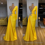 Illusion neck Bright Yellow One shoulder Bubble Sleeves Prom Dress