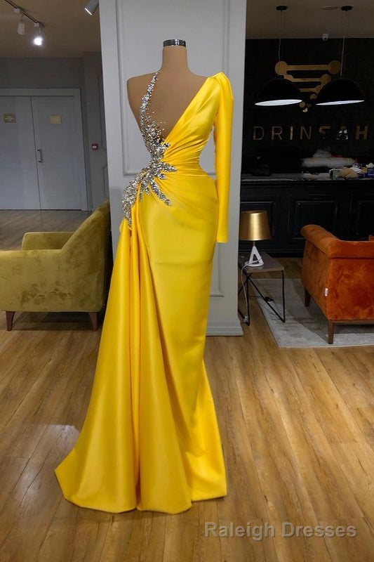 Illusion neck Bright Yellow One shoulder Bubble Sleeves Prom Dress Main image