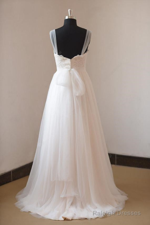 Illusion Neckline Lace Appliques Ivory Tulle Beach Wedding Dress
