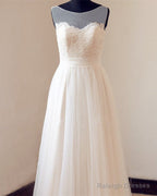 Illusion Neckline Lace Appliques Tulle Beach Wedding Dresses
