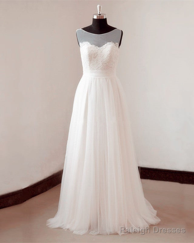 Illusion Neckline Lace Appliques Tulle Beach Wedding Dresses Main image