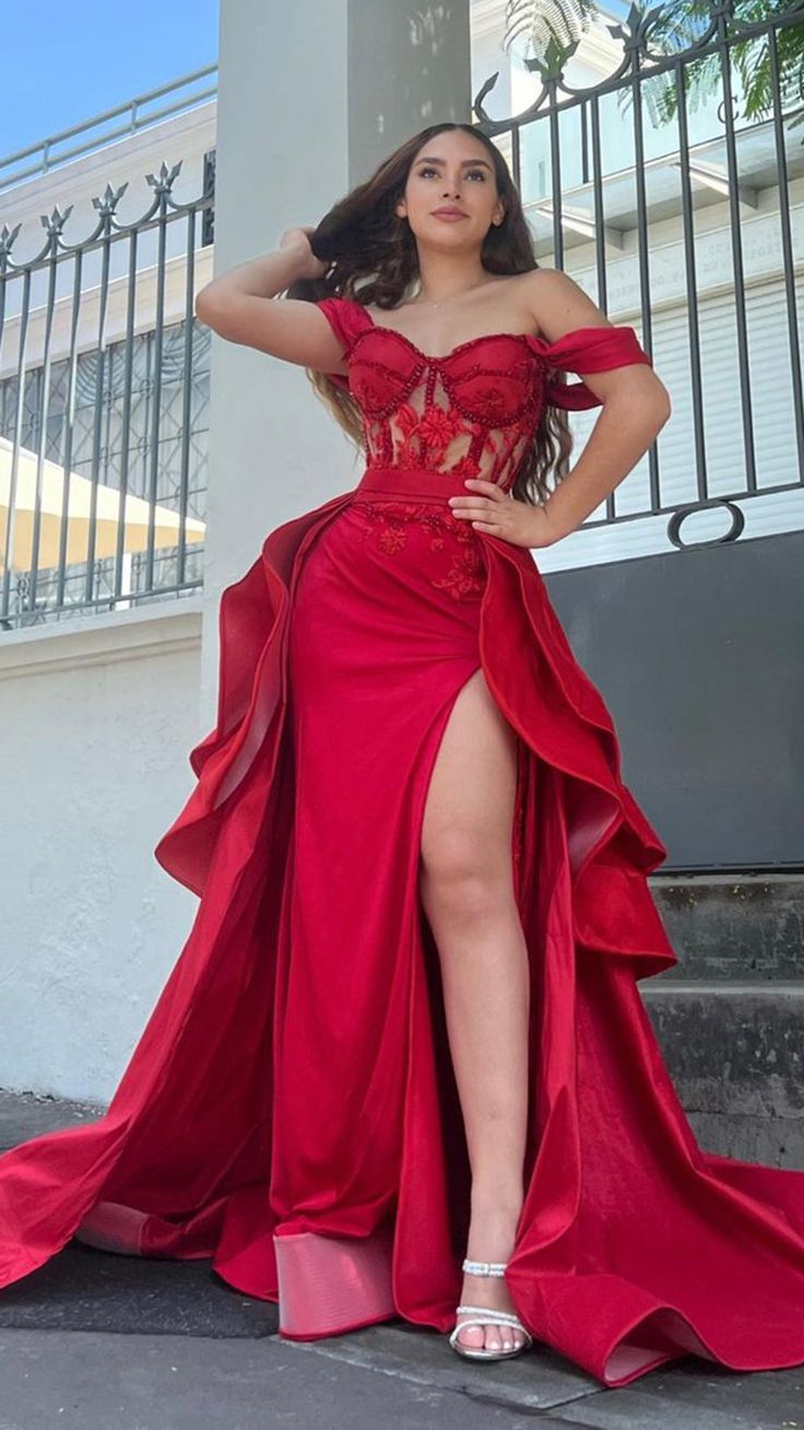 Illusion Off The Shoulder Red Floral Beaded Prom Evening Dress Secondary image