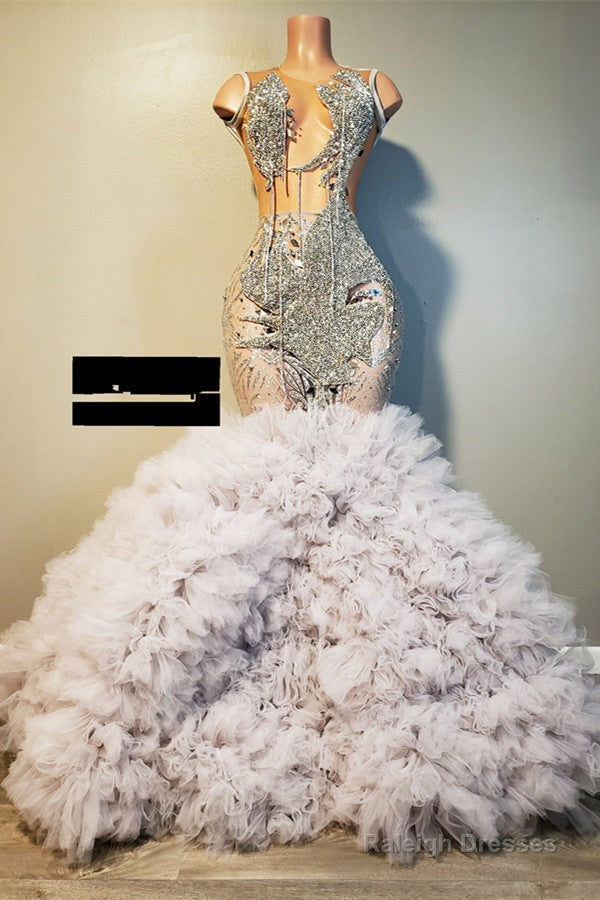 Silver Sleeveless Mermaid Prom Dress Ruffles With Beadings Main image